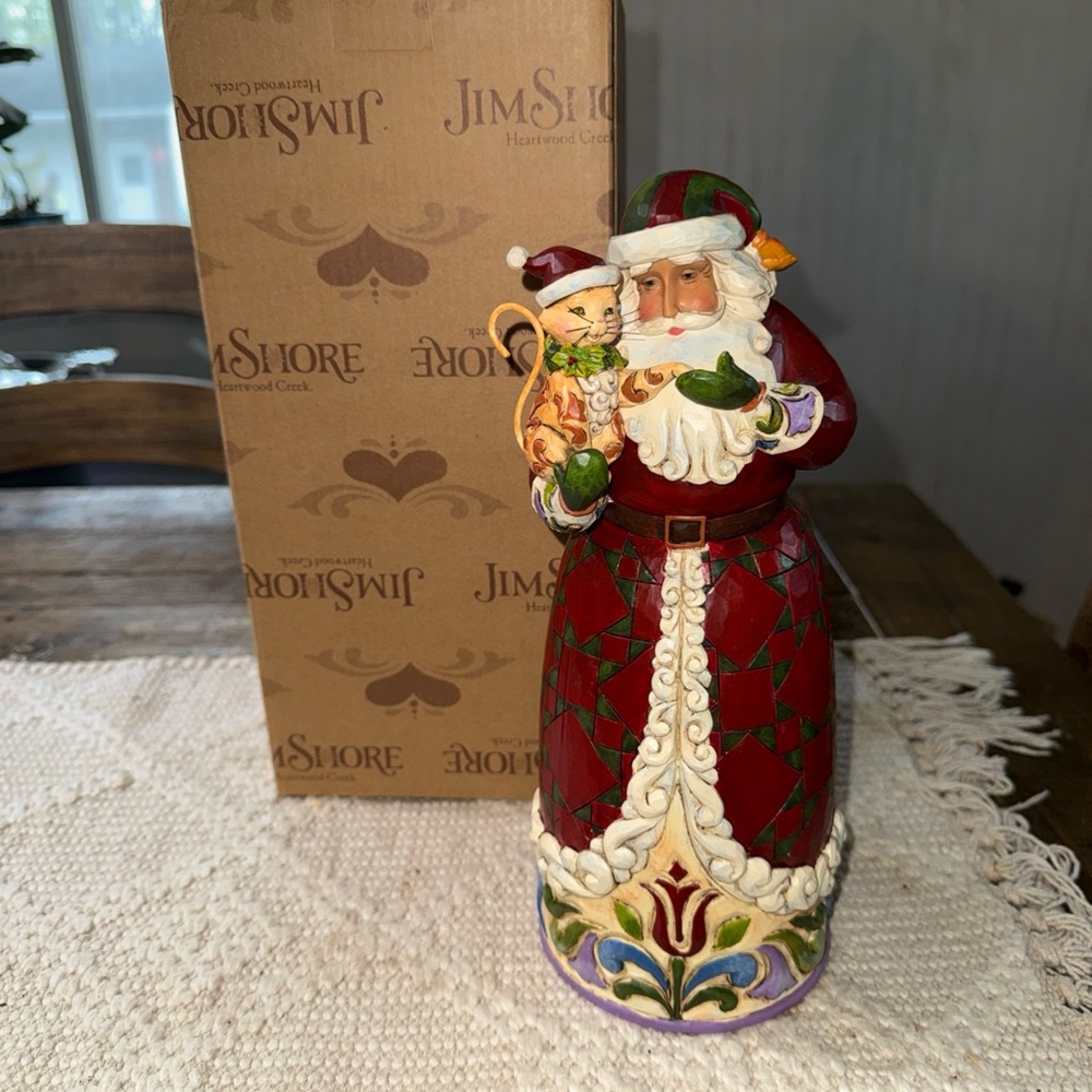 Jim Shore Purrfect Noel Red and Green Santa Figurine with Cat- Box and Tag